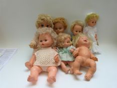 Seven dolls, some with various functions including drinking water, walking etc,