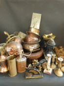A large collection of metalware including brass, plated champagne bucket, copper dallah,