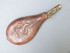 James Dixon & Sons leather and brass shot flask with embossed decoration of pheasants and hare,