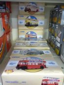 Seven Corgi diecast model buses some from the Public Transport and Commerials ranges,
