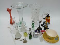 A collection of art glass, Murano clown, champagne flutes,