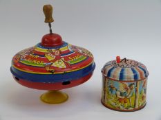 Chad Valley tin plate humming spinning top and a KRZ children's musical box