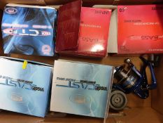 Five boxed Lineaeffe fixed spool reels etc