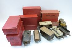 Seventeen Hornby 0 gauge, carriages, wagons, vans and tankers,