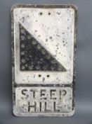 A vintage cast aluminium 'steep hill' road sign with honeycomb style reflectors, 54 x 30.