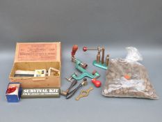 Shotgun loading equipment, shot/powder measures, bone items, Edwinson Green Gloucester box,