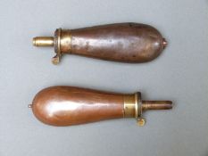 Two James Dixon & Sons copper and brass pistol powder flasks both with single suspension loops,