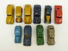 Ten Dinky Toys diecast model cars including two taxis and a convertible