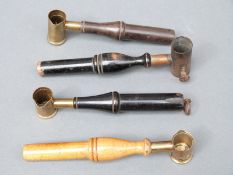 Four brass and white metal shot/powder measures by James Dixon & Sons and similar,