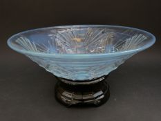 Jobling opalescent flared glass bowl decorated with flowers and geometric design on glass socle