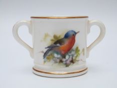Royal Worcester hand decorated miniature tyg with puce mark (4cm tall)