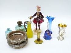 Eight pieces of coloured glassware including a mercury glass goblet, Murano figure of a lady,
