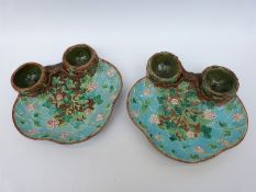A pair of George Jones majolica strawberry dishes (length 27cm)