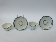 Two first period Worcester tea cups and two saucers with open crescent mark to base