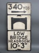 A vintage cast aluminium '340 yards low bridge headroom 10' 3