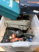 A quantity of cordless drills and batteries including Bosch,