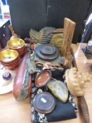 A collection of Eastern and similar wood, shell and beadwork items including a gourd flask,