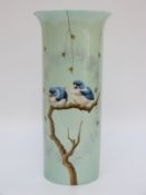 Cauldon vase of cylindrical form with flared lip decorated with with birds on a branch,
