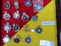 A glazed display case containing enamel police badges including Royal Parks, Essex, Lincolnshire,