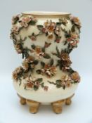 Zsolnay Pecs large double gourd vase with applied flower decoration raised on six short shaped legs.