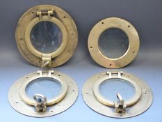 Three glazed brass ships portholes with screw closure fittings and a further non opening example,