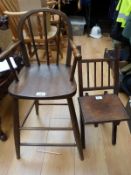 A mahogany high chair and child's folding chair