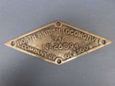 A brass plaque bearing name North British Locomotive Company Ltd, Glasgow, No.