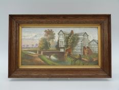 A hand decorated porcelain plaque of a half timbered house beside a river,
