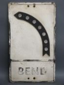 A vintage cast aluminium 'bend' road sign with honeycomb style reflectors, 53 x 30.