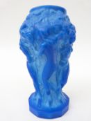 Bohemian blue malachite glass vase decorated with nude figures around grape vines.