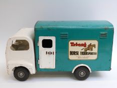 Tri-ang large scale pressed steel horse transporter with turquoise body and white cab and wheel