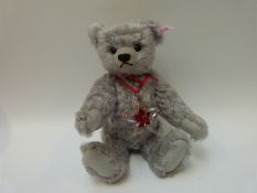 Steiff Original 'Poinsettia Swarovski' 681103 teddy bear 2007, with grey mohair, button to ear,