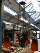 Charles Schneider French Art Nouveau bronzed and mottled glass ceiling lamp or chandelier with