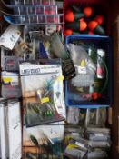 A collection of pike/predator fishing tackle including spinners, floats,