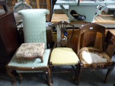 An upholstered Prie Dieu chair and a matching stool,