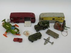 Nine Dinky Toys diecast model vehicles including a Supertoys Horsebox, Meteor, military trucks, etc,