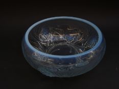 Jobling opalescent pressed glass bowl decorated with pine cones amongst foliage,