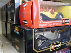 Six Burago 1:18 scale diecast model vehicles including Bugatti Type 55, Mercedes Benz SSKL,