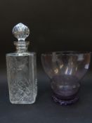 Large cut crystal amethyst flower vase and a cut and etched decanter,