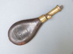 James Dixon & Sons leather and brass shot flask with unusual removable measure and embossed