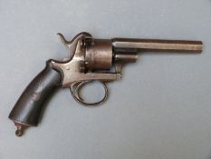 Belgian six shot pin fire revolver with shaped grips, belt hanger to butt and 4.