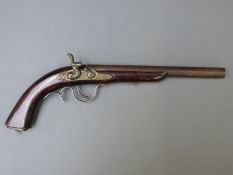 Replica percussion hammer action pistol with 9.75 inch metal barrel, overall length 40cm.