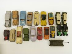 Twenty Dinky Toys diecast model vehicles including military cars, tank,