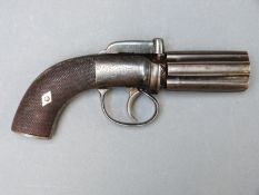 A six shot pepperbox percussion hammer action revolver with scrolling engraving,