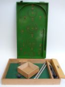 Chad Valley Bagatelle board and a William Lindop table skittles set