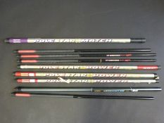 Nine telescopic fishing whips including Polestar Power, Dinsmores etc.