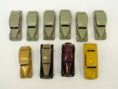Ten Dinky Toys diecast model saloon style cars including a taxi