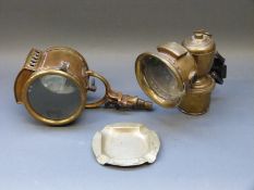 An unusual brass spot lamp possibly ex motorcycle or vintage car with plaque to top 20th Century