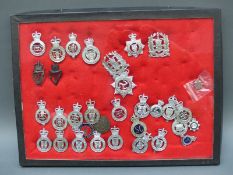A display of police badges including War Department, HM Prisons, Hampshire, Derbyshire,