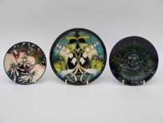 Moorcroft plate in Green Glade pattern by Nicola Slaney together with two Moorcroft dishes with